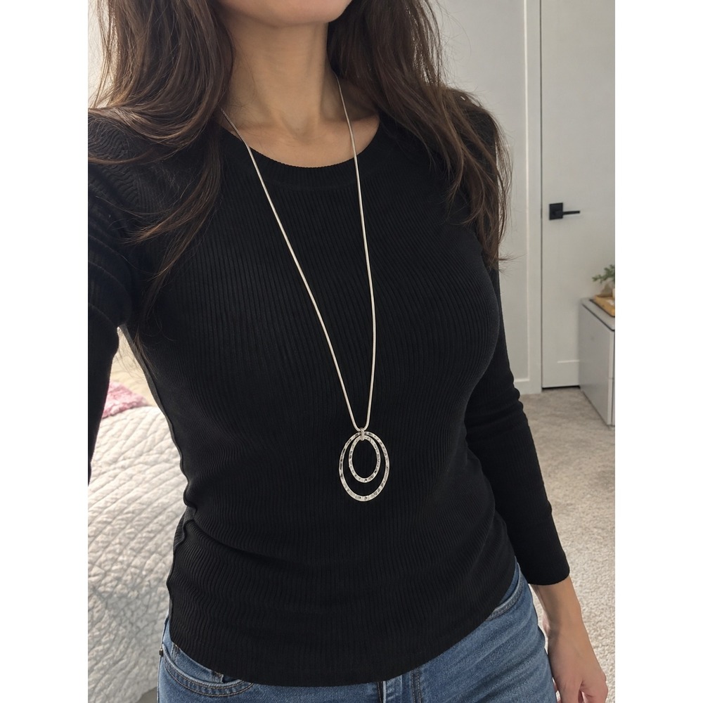 Long Oval Pendant Necklace‎ For Women Silver Tone Double Circle Chain Jewelry